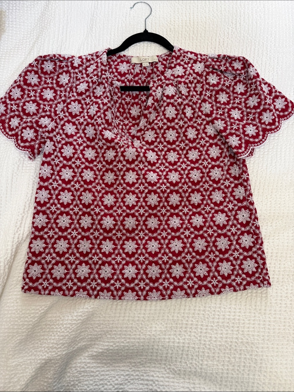 LOFT Red Floral Eyelet V-Neck Short Sleeve Top